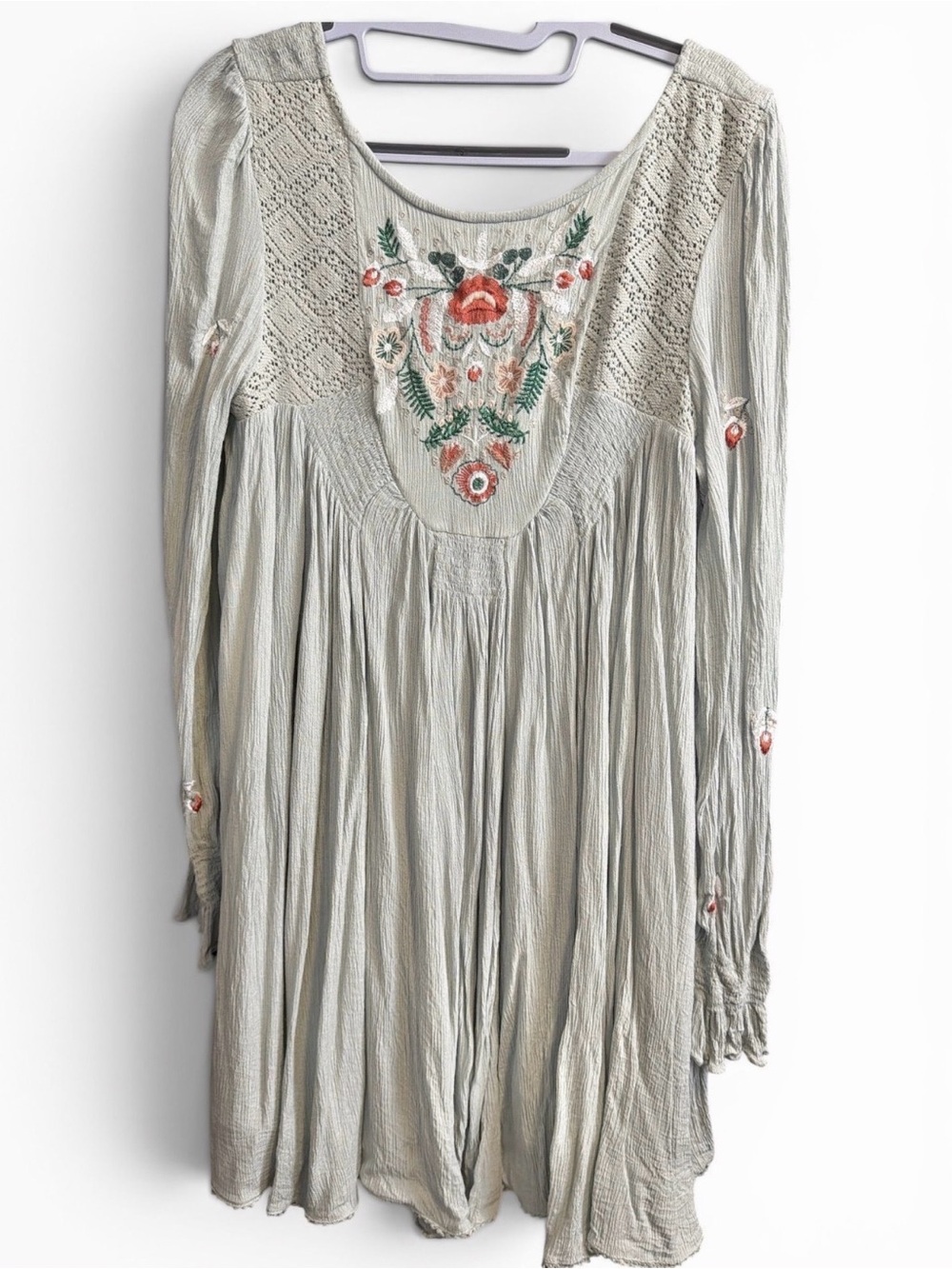 Free People Boho Mohave Moya dress Embroidered Long-Sleeve Swing Dress in Sage - Picture 2 of 4